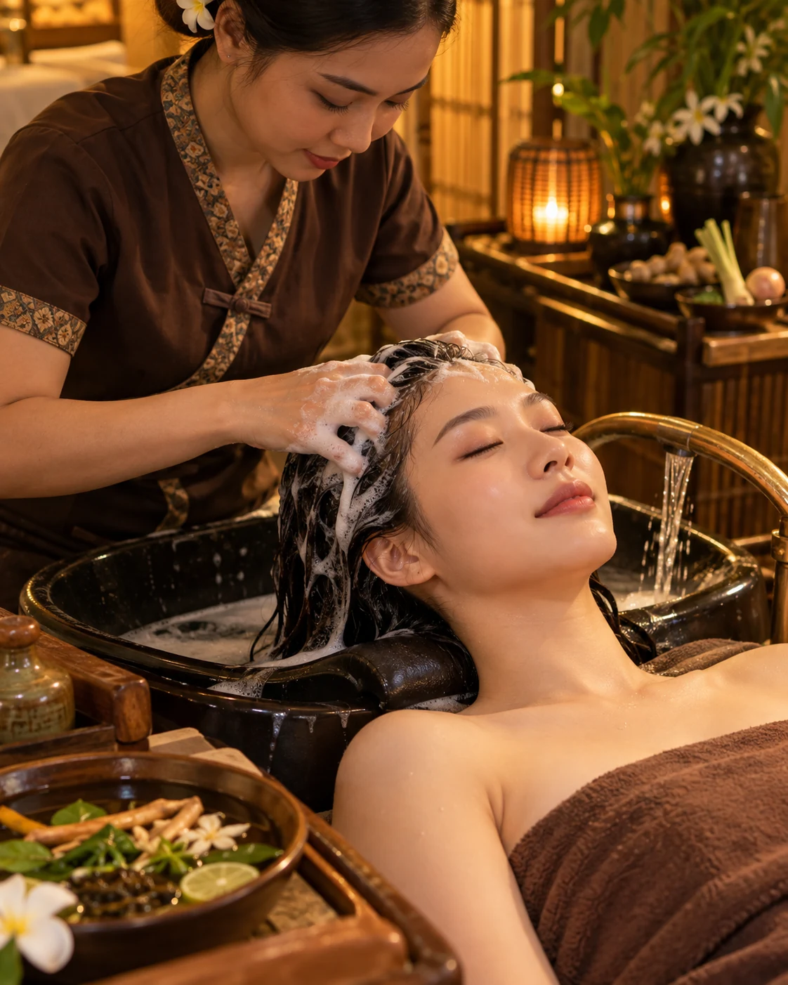 Khách nữ gội đầu dưỡng sinh và massage da đầu tại Spa Việt Phú Nhuận