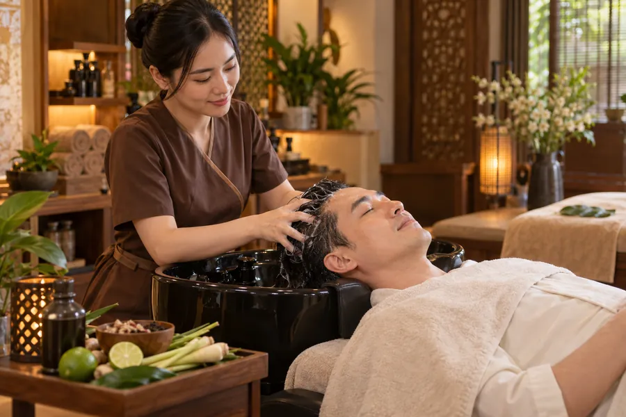 Illustration of an herbal hair wash experience for an office employee