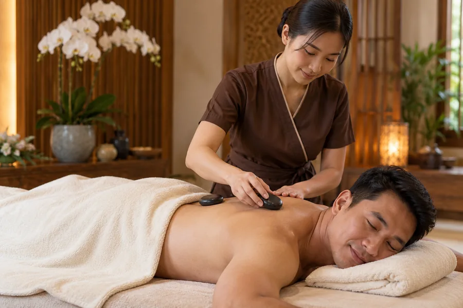 Illustration of a relaxing hot stone massage after work